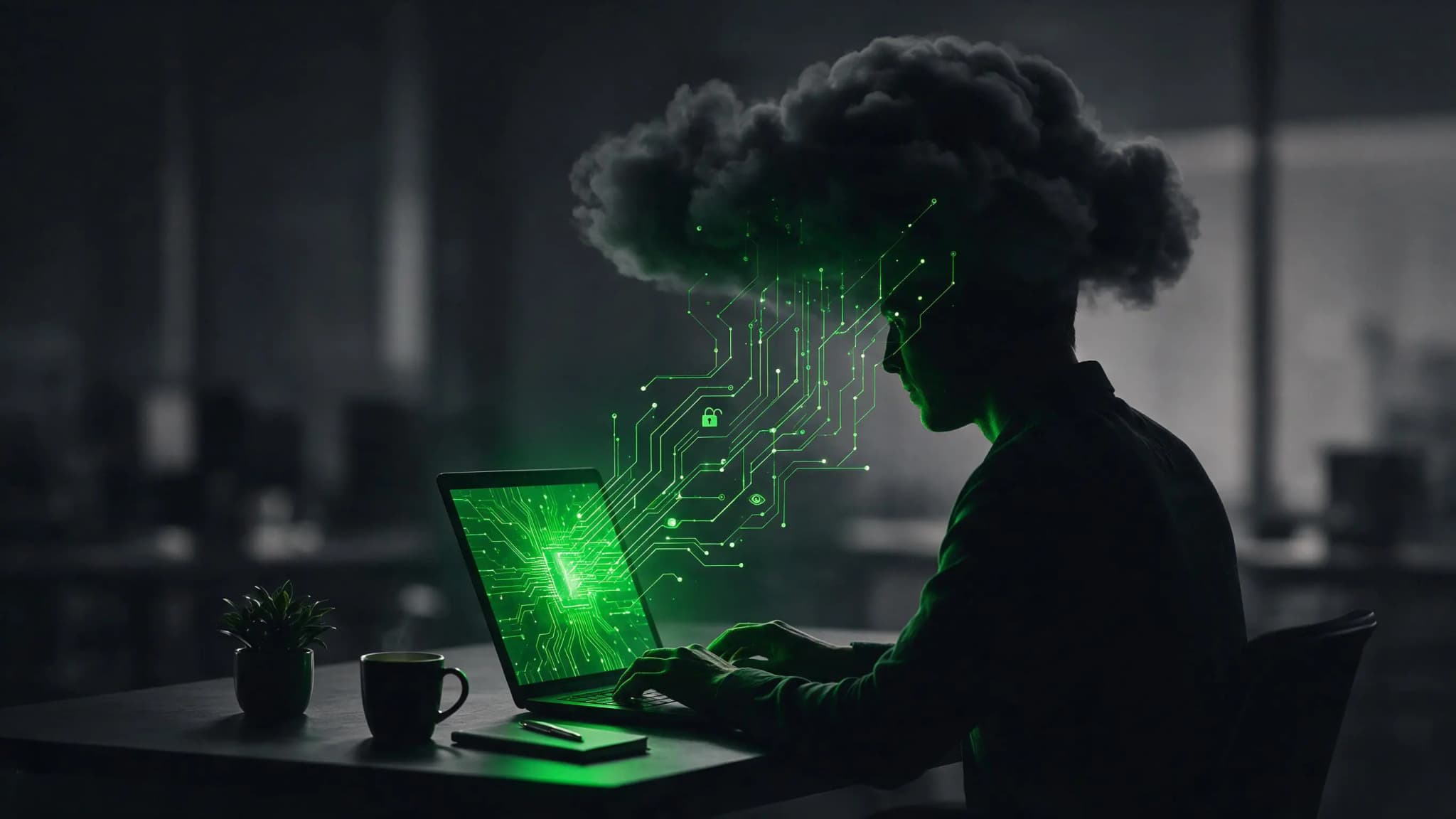 Silhueta de profissional em notebook com linhas de circuito verde subindo até uma nuvem escura, representando Shadow AI e vazamento invisível de dados corporativos
