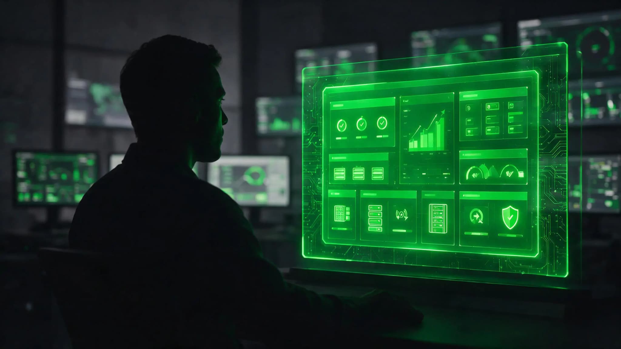 Especialista de TI monitorando painel verde com indicadores de uptime, segurança e infraestrutura sob controle, representando gestão e suporte de TI proativo para empresas