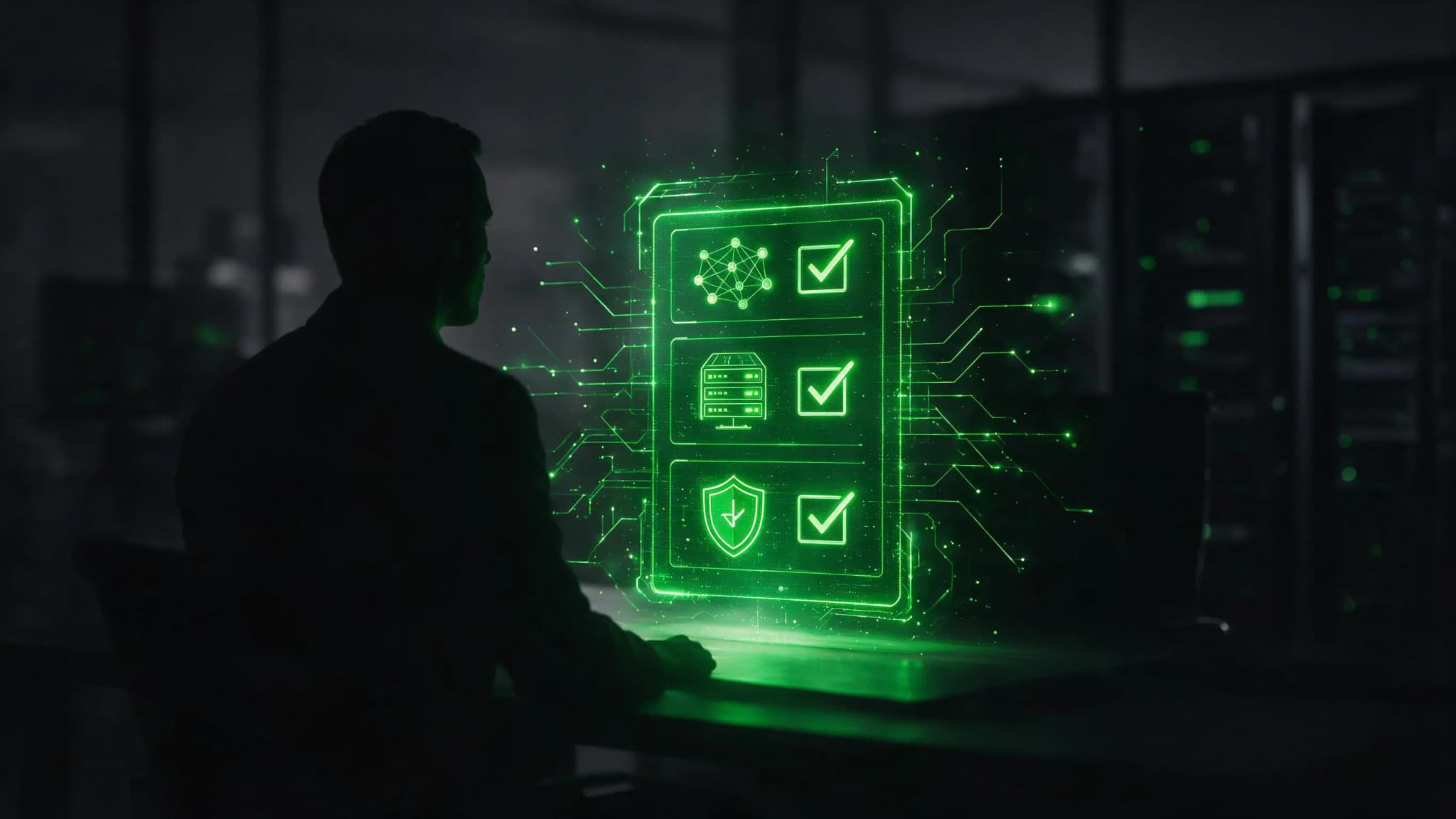 Gestor avaliando checklist holográfico verde para escolher o MSP ideal na terceirização de TI PME