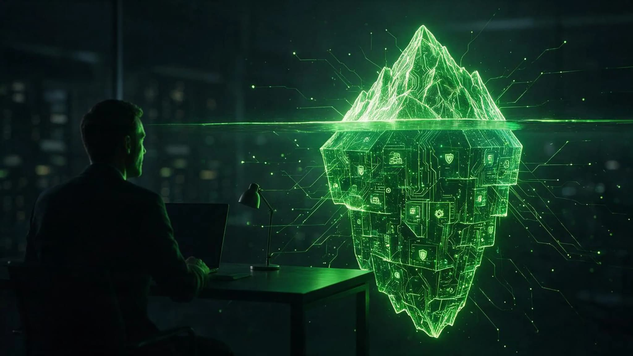 Gestor de PME diante de holograma verde em forma de iceberg representando o custo real da terceirização de TI