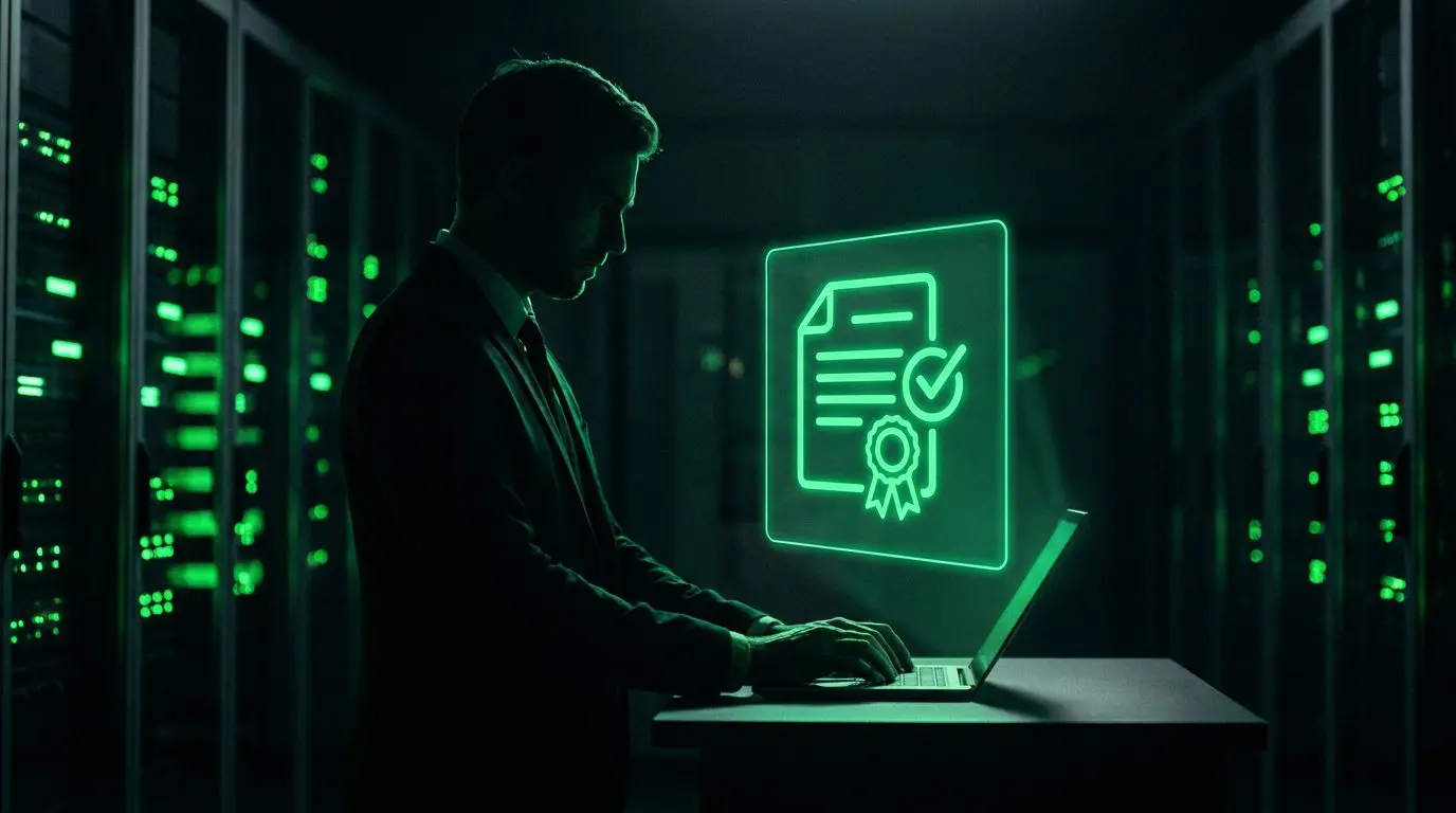 Silhueta de profissional com painel holográfico verde neon mostrando certificado com selo e check, representando licenciamento correto de software