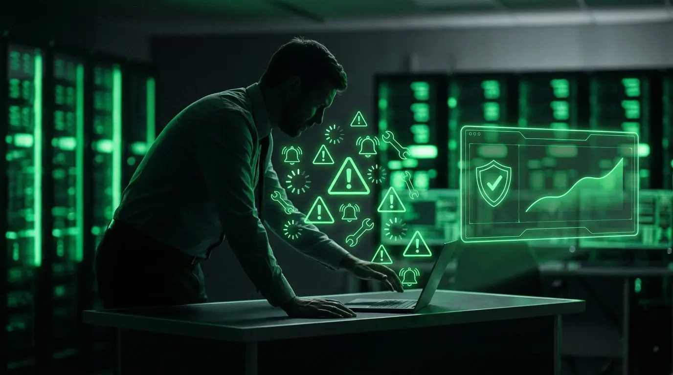 Silhueta de profissional de TI cercado por ícones de alerta neon verde (chaos reativo) ao lado de um painel estável com escudo e gráfico ascendente