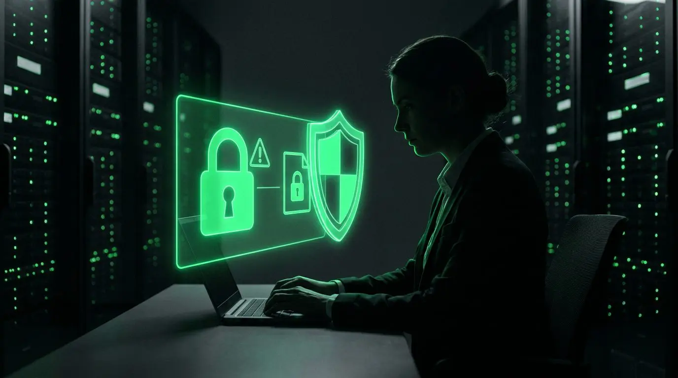 Silhueta de profissional com painel holográfico verde neon mostrando cadeado, alerta e escudo, representando defesa contra ransomware
