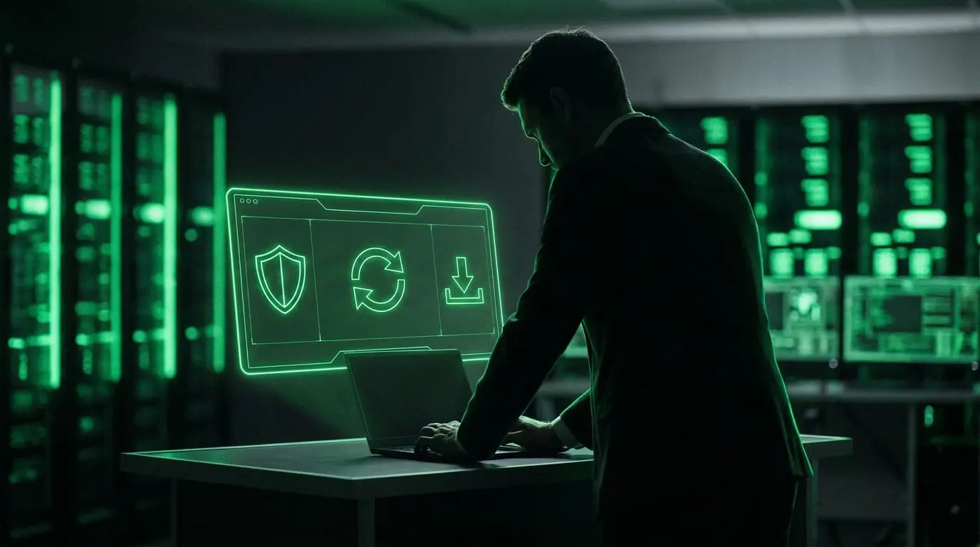 Silhueta de profissional com painel holográfico verde neon mostrando escudo, atualização e download, representando patch management