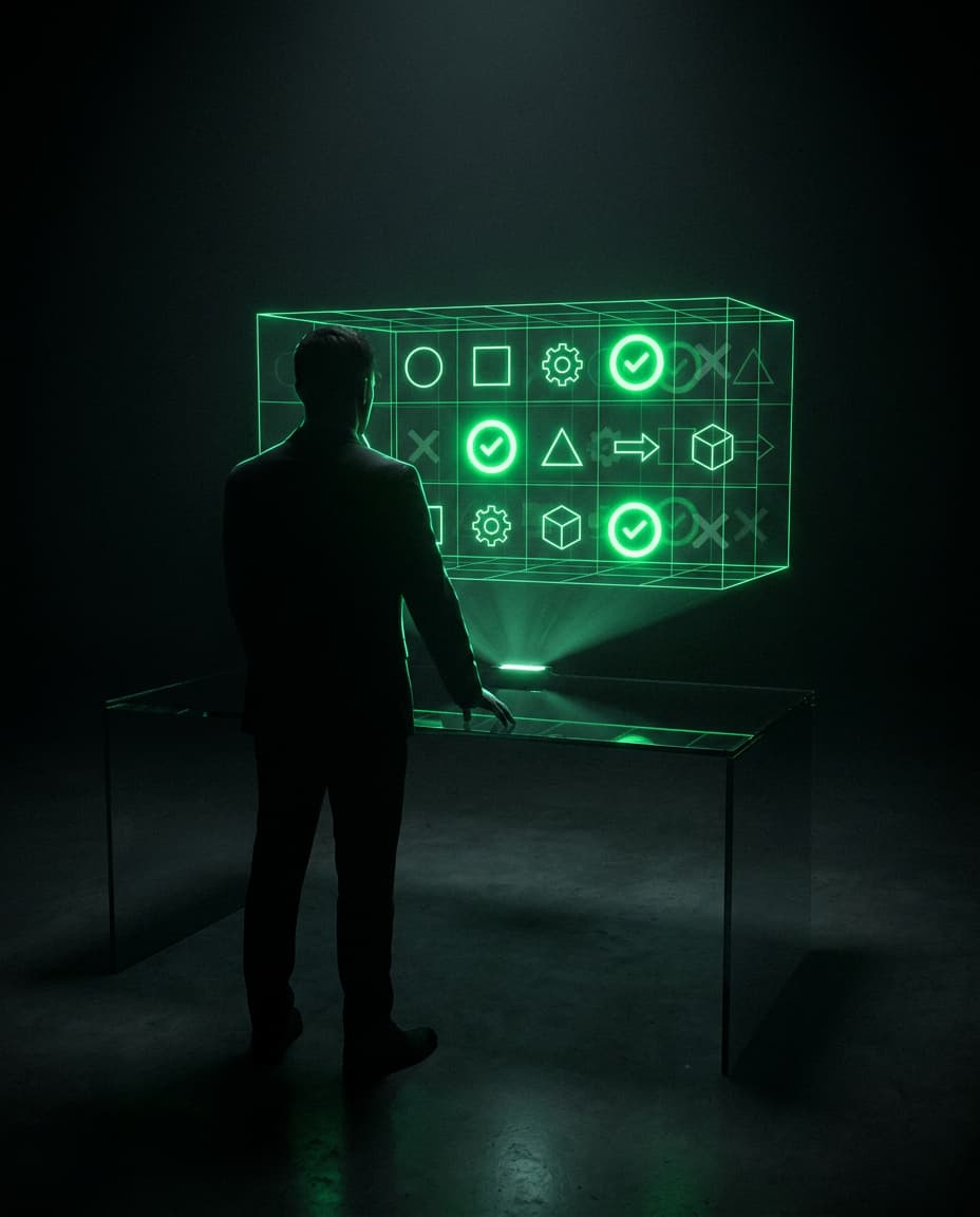 Consultoria de tecnologia da informação para IA — profissional analisando painel holográfico verde neon com ferramentas de IA sendo filtradas em datacenter
