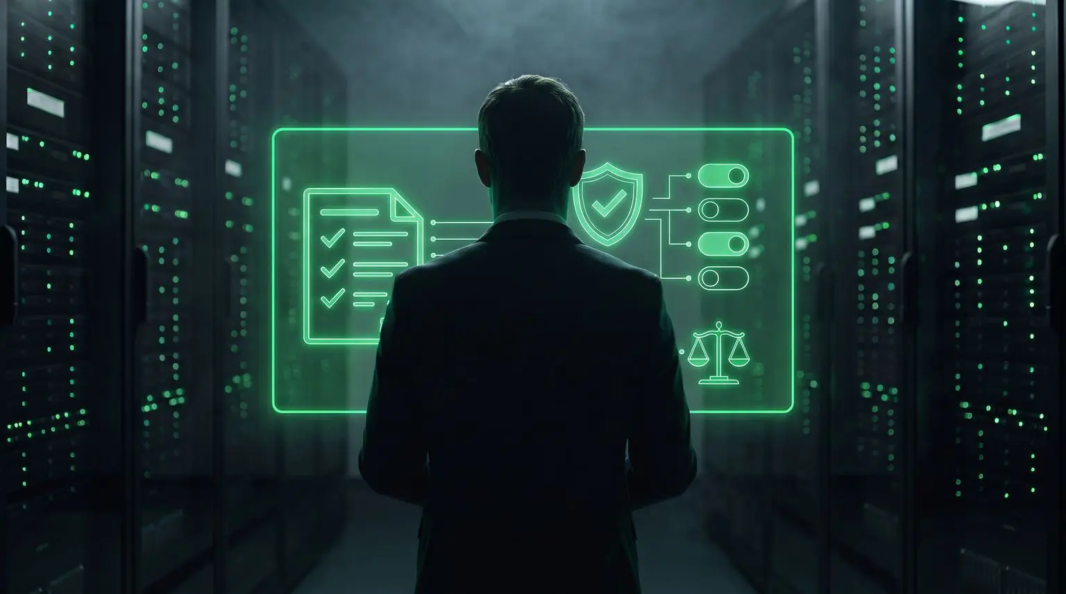 Silhueta de profissional diante de painel holográfico verde neon com documento de política, escudo de conformidade e balança jurídica, em datacenter escuro, representando política de governança de IA nas empresas