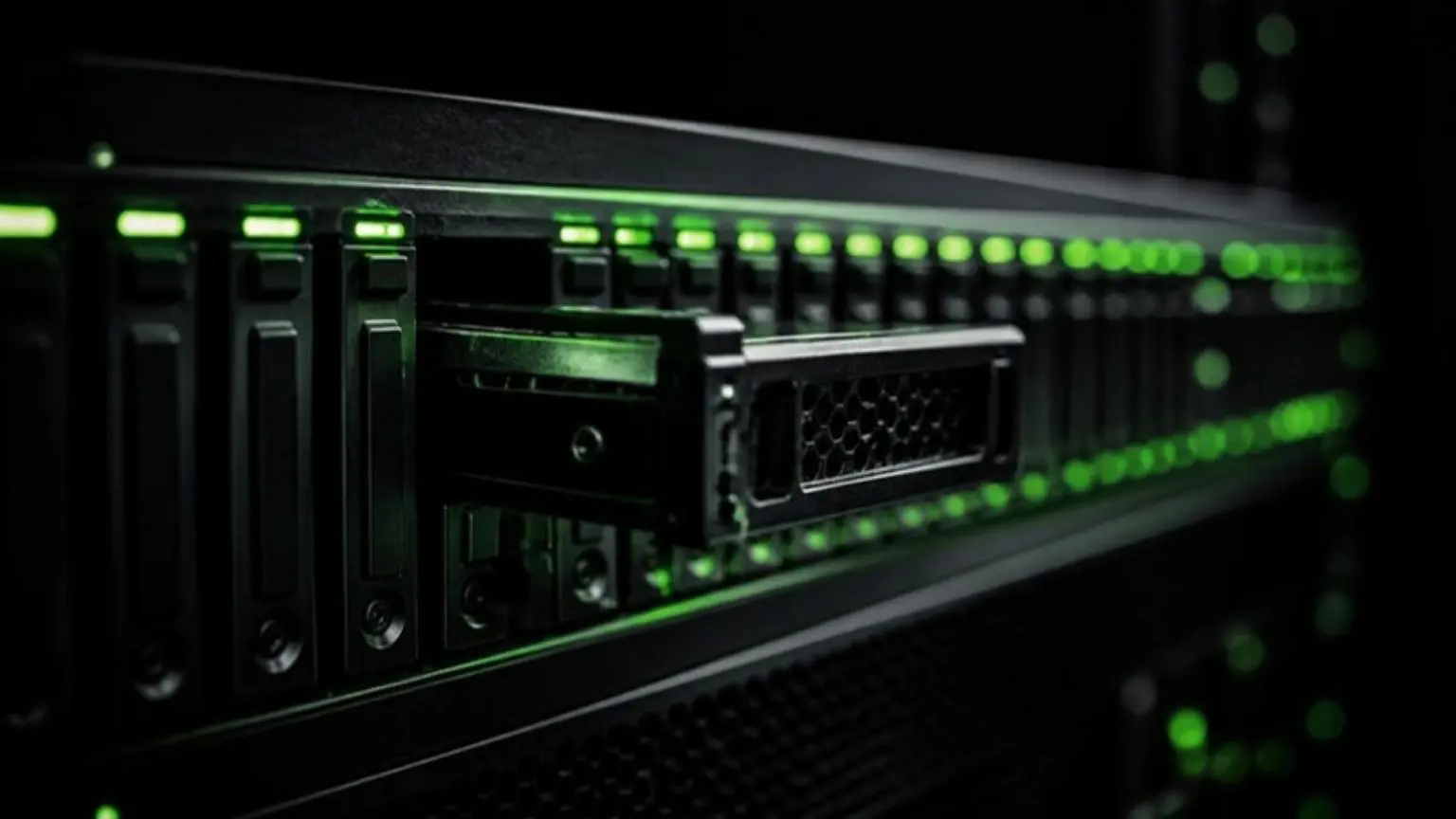 Teste de restauração de backup: storage de backup com LEDs verdes em sala de servidores