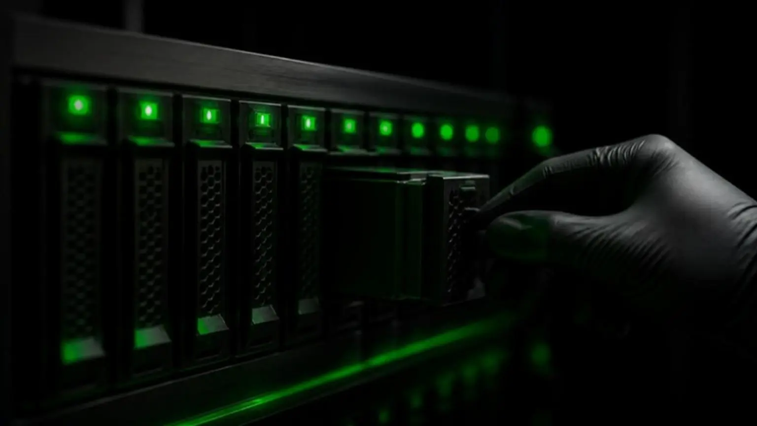 Plano de disaster recovery para PME: storage de backup com LEDs verdes em datacenter