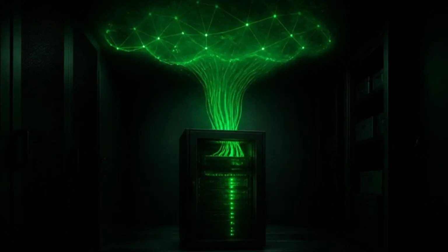 Migração de servidor para nuvem sem downtime: rack de servidor local enviando dados em luz verde para a nuvem
