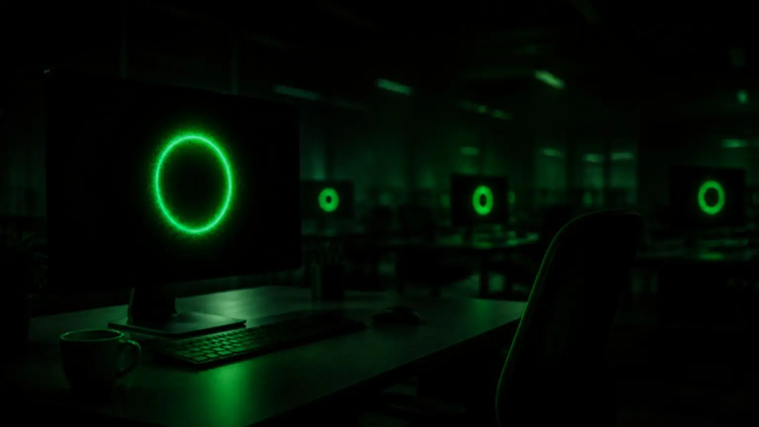 Custo de downtime não planejado: mesa de escritório vazia com monitor travado em tela de carregamento verde