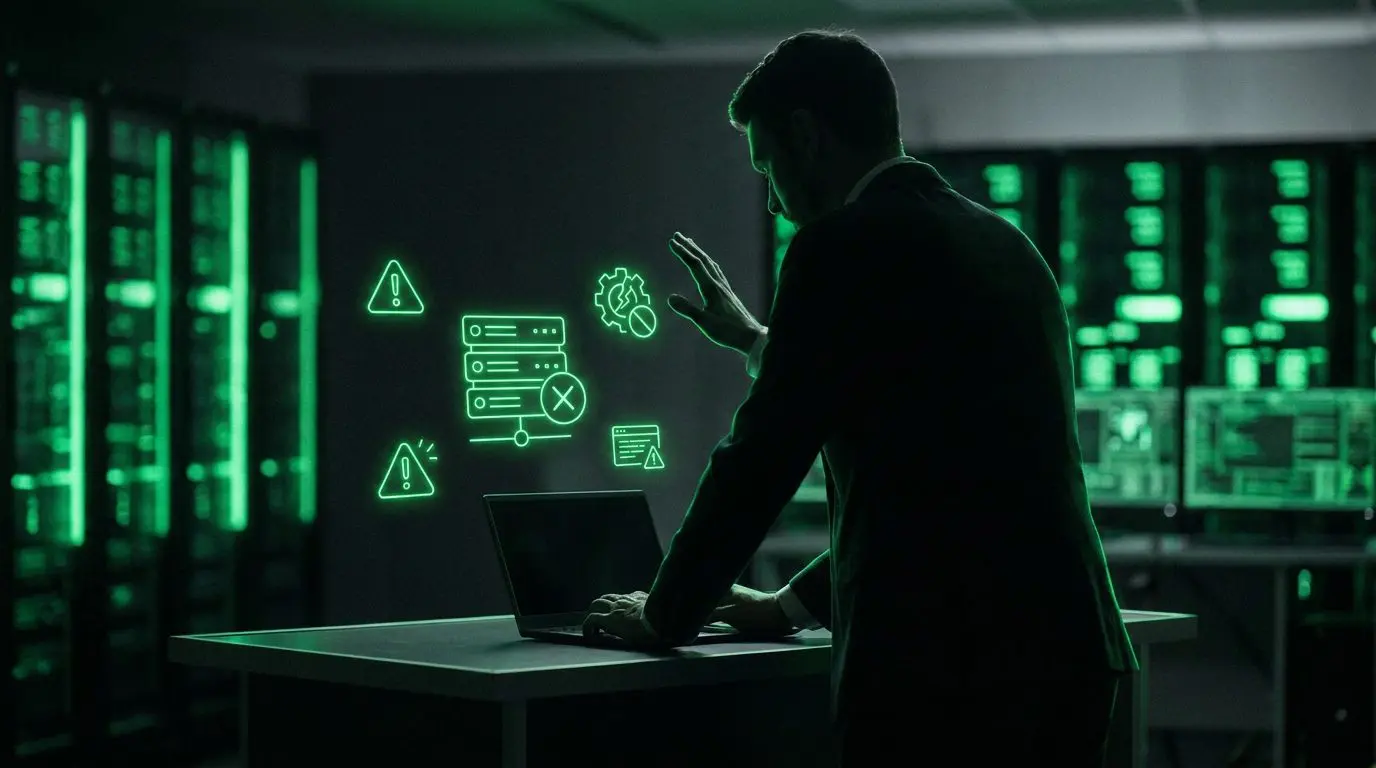 Silhueta de profissional com ícones de alerta holográficos verde neon ao redor de um servidor com X, representando múltiplos problemas de TI