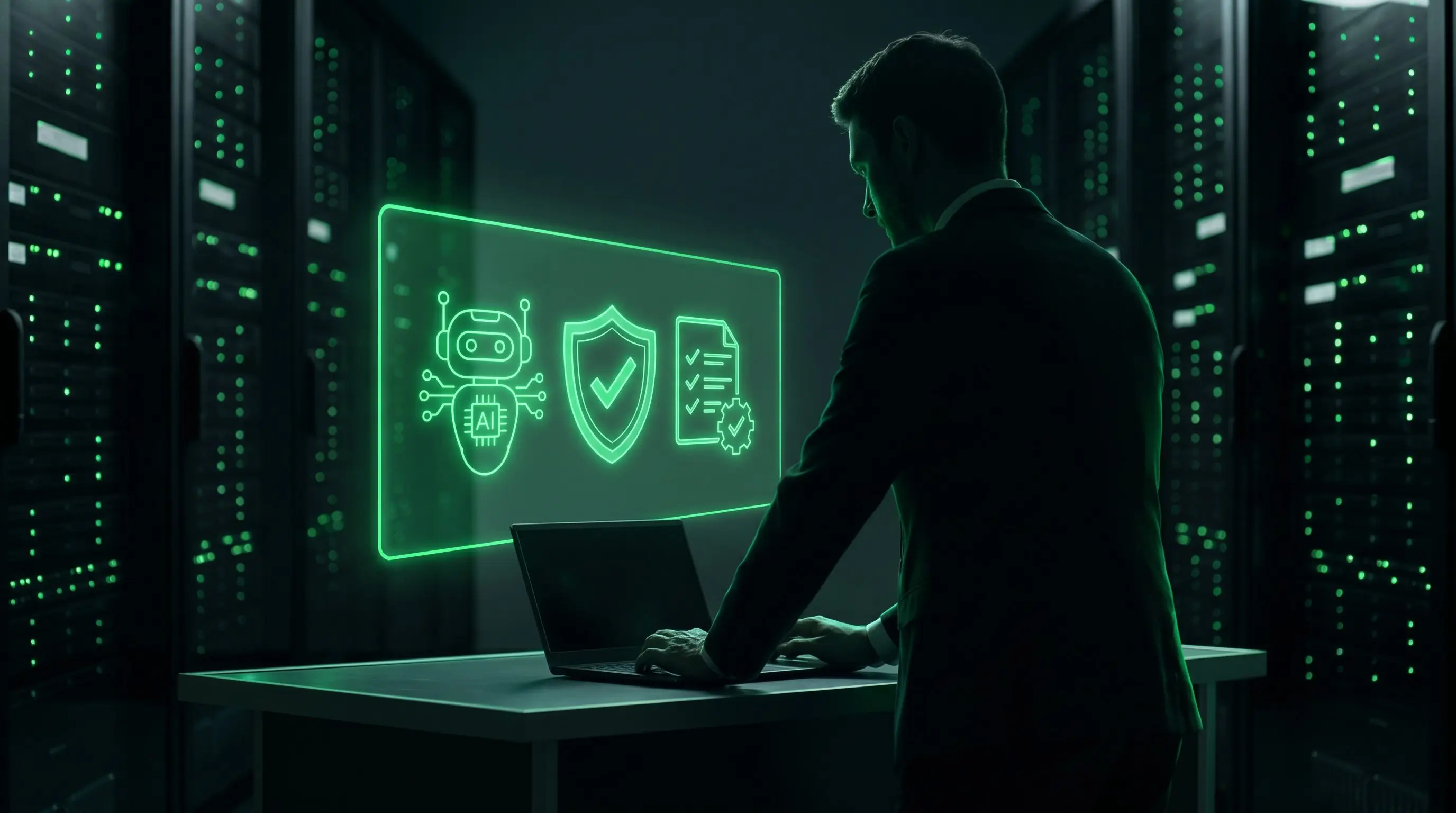 Silhueta de profissional diante de painel holográfico verde neon com ícones de agente de IA, escudo de conformidade e documento de política, representando política de uso de IA nas empresas