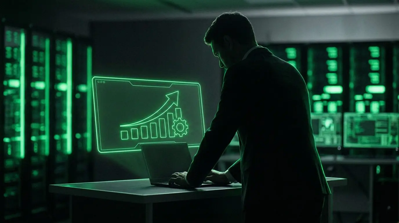 Silhueta de profissional com painel holográfico verde neon mostrando gráfico ascendente e engrenagem, representando crescimento impulsionado por tecnologia