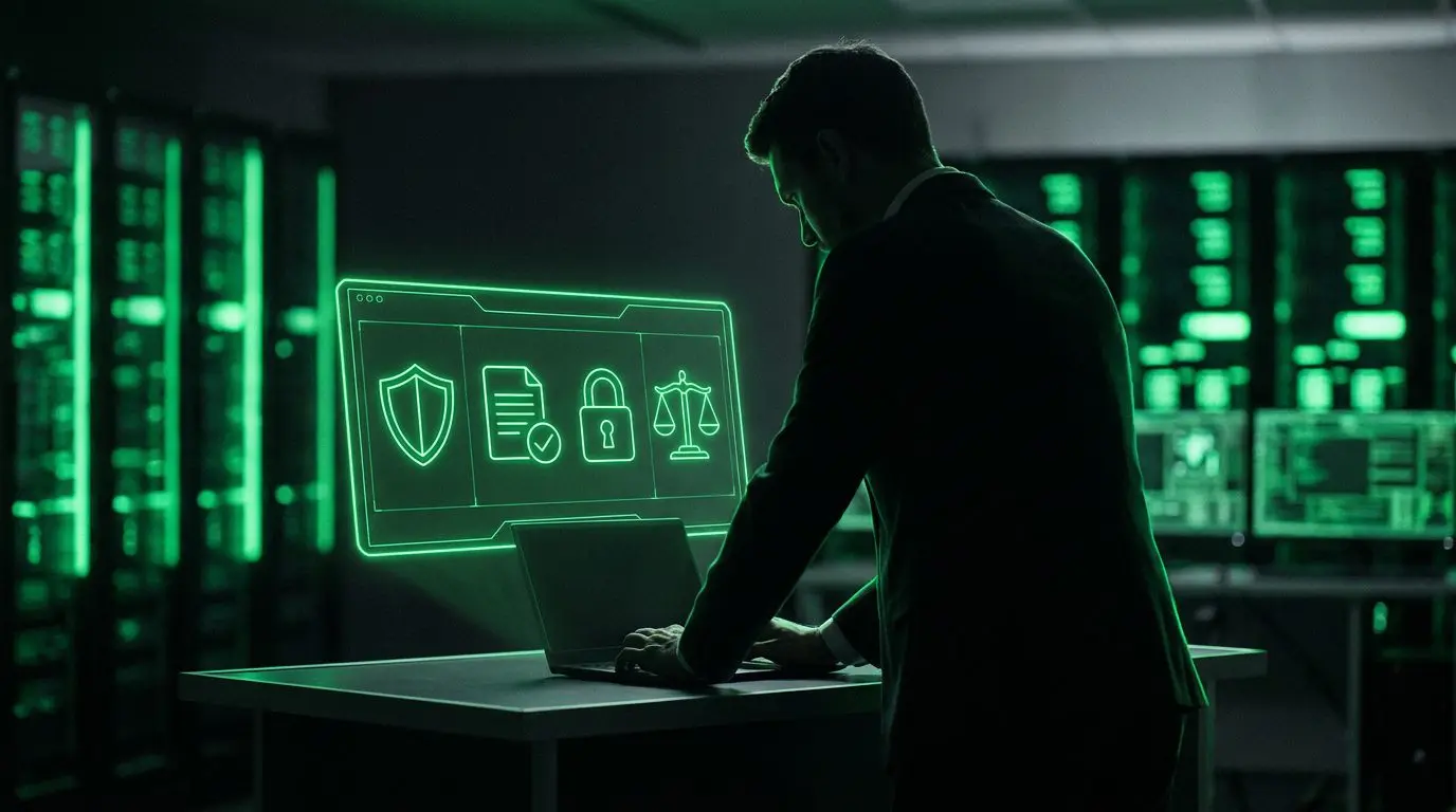Silhueta de profissional trabalhando com painel holográfico verde neon mostrando escudo, documento, cadeado e balança da justiça, representando conformidade com a LGPD