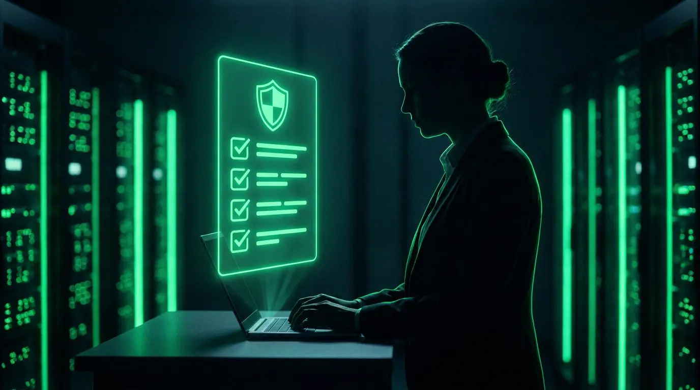 Silhueta de profissional com painel holográfico verde neon mostrando checklist com escudo, representando checklist de segurança de dados