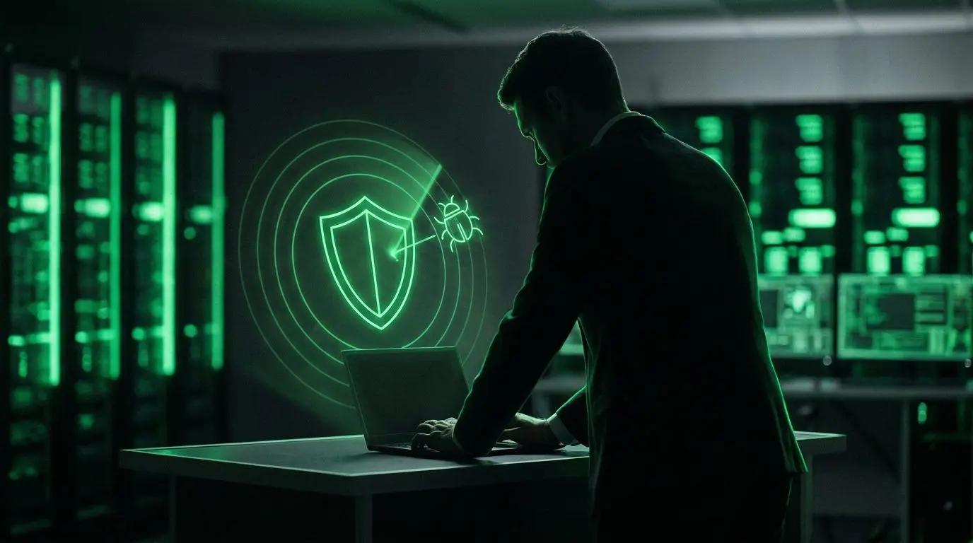 Silhueta de profissional com painel holográfico verde neon mostrando escudo defendendo contra um ícone de ameaça, representando defesa cibernética ativa