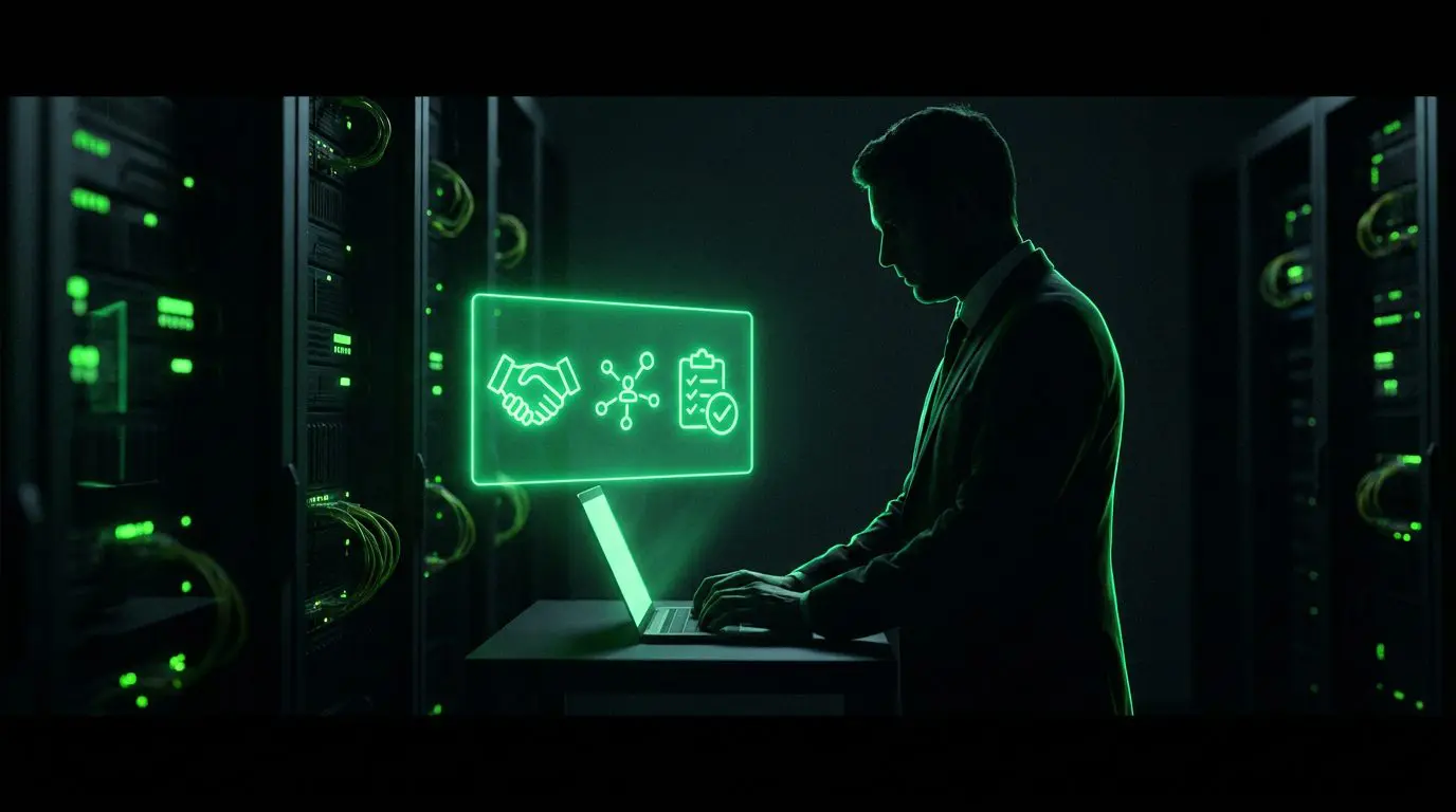 Silhueta de profissional com painel holográfico verde neon mostrando aperto de mãos, rede de nós e checklist, representando parceria confiável de TI