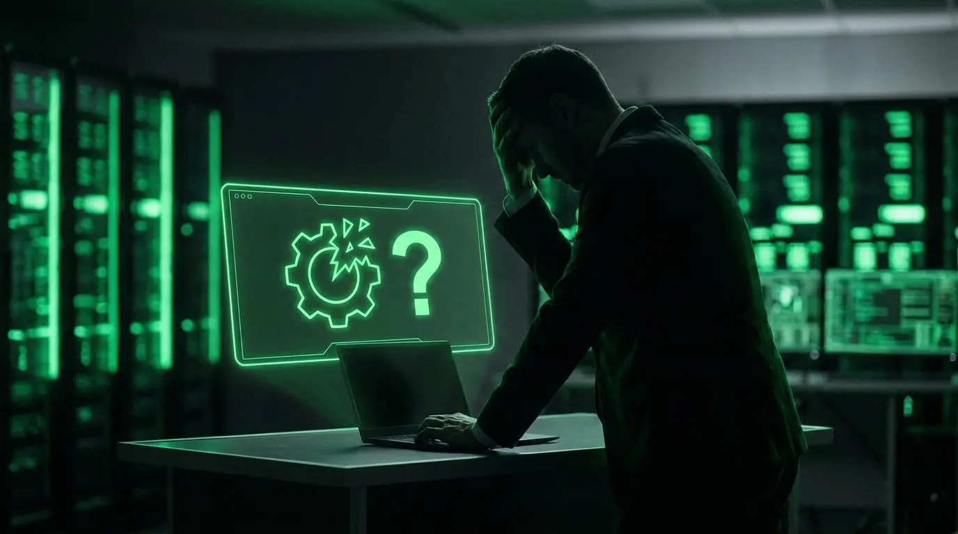 Silhueta de profissional frustrado com painel holográfico verde neon mostrando engrenagem quebrada e interrogação