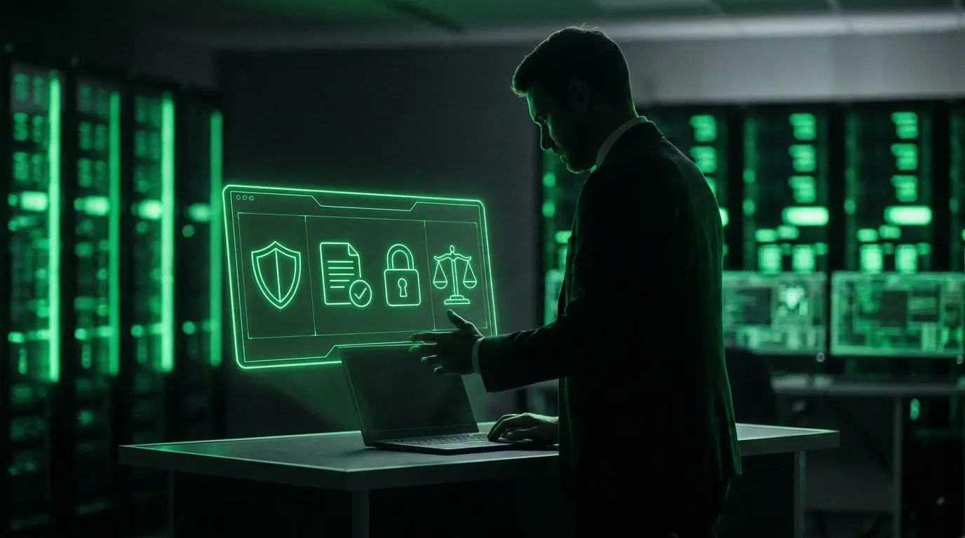 Silhueta de profissional com painel holográfico verde neon mostrando escudo, capelo de formatura e ícones de pessoas, representando treinamento de ciberseguranca