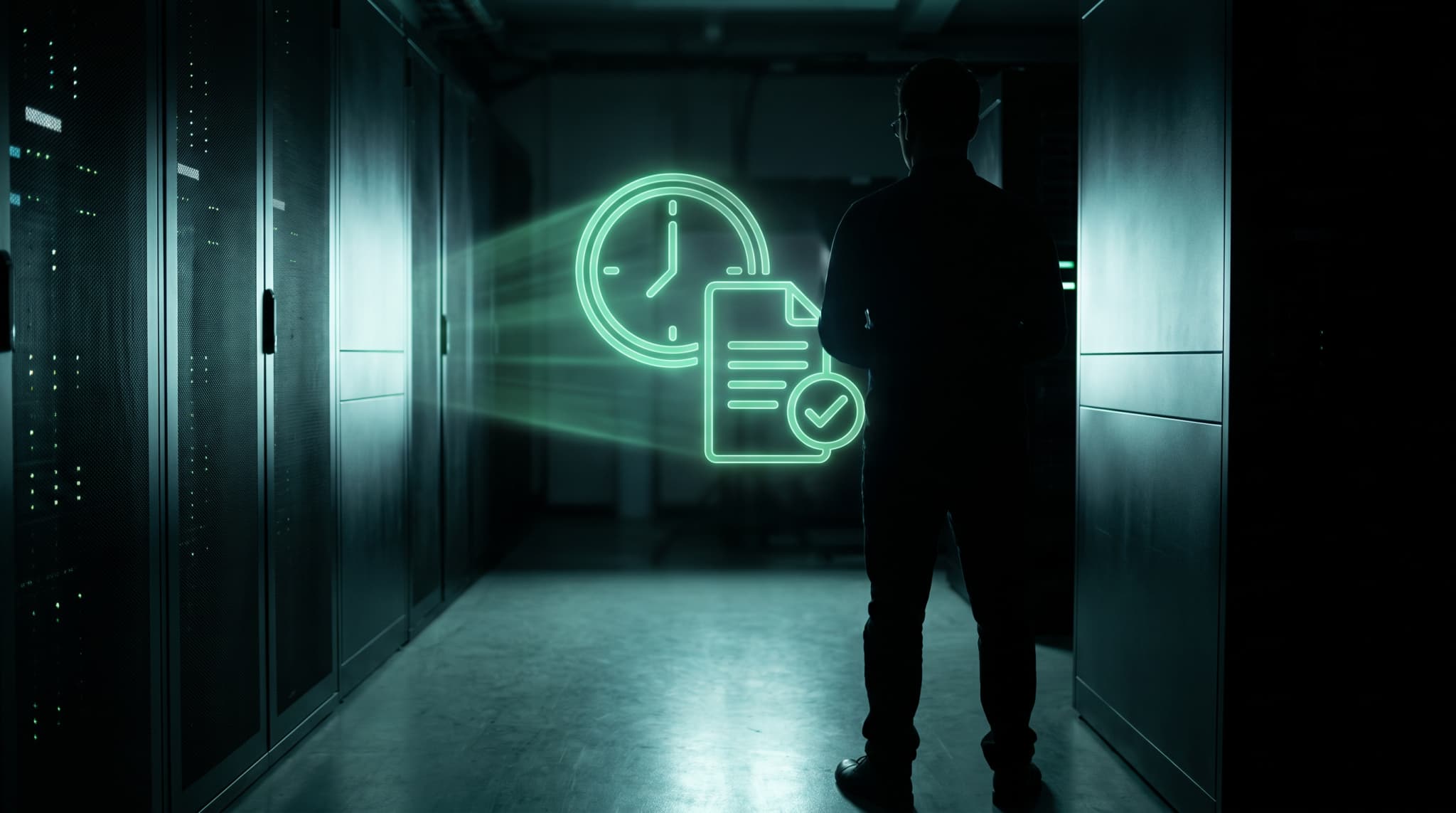 SLA MSP para PME: silhueta de profissional em datacenter com painel holográfico de relógio e documento, representando SLA garantido