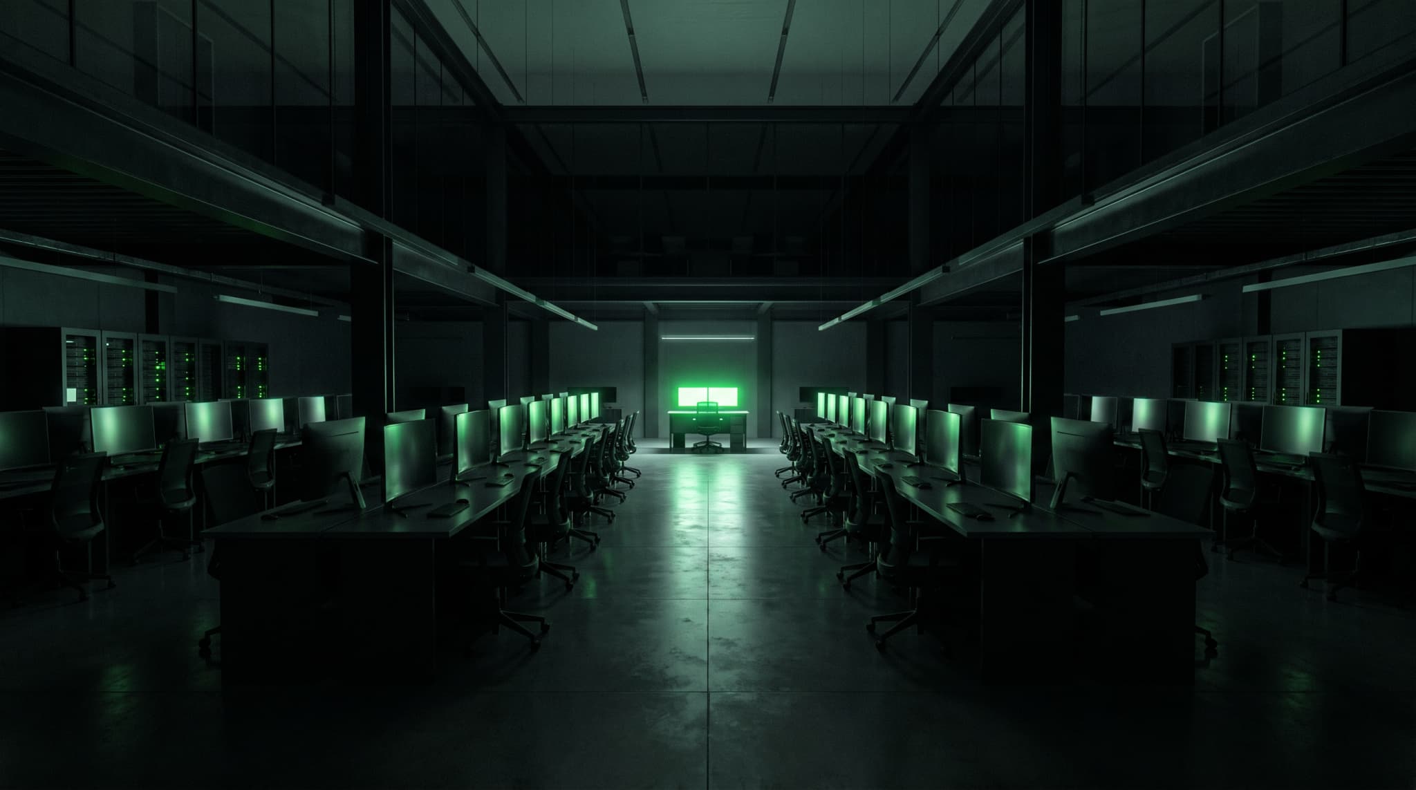 Consultoria de TI para pequenas empresas: sala de suporte de TI vazia à noite, poucas estações iluminadas, representando falta de equipe técnica suficiente