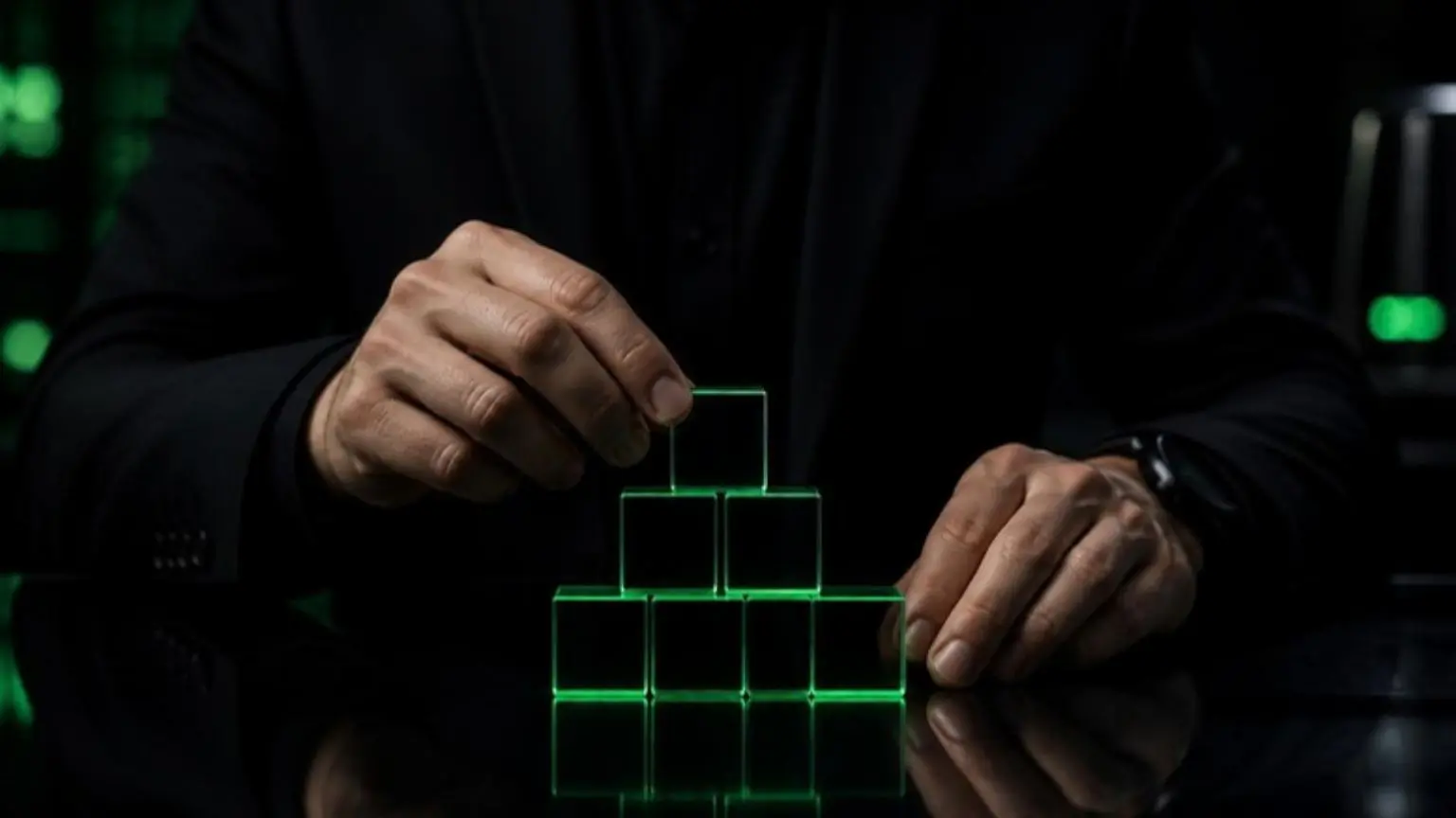 Equipe de TI para crescimento: mãos montando blocos como um organograma